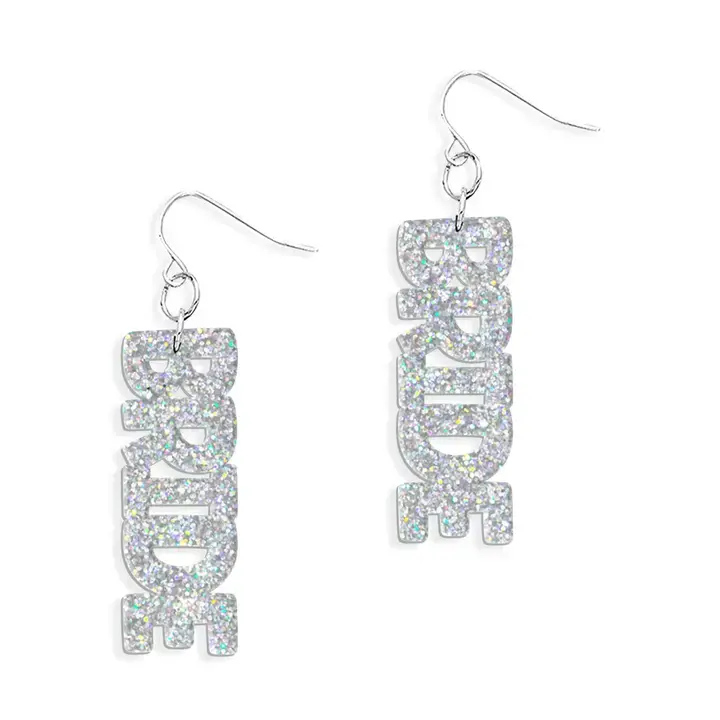 silver glitter dangle earrings with bride in all caps