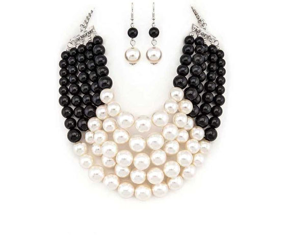 Thumbnail: 2-Tone Layered Pearls Strand Statement Necklace Set