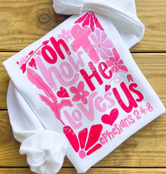 the text "oh how he loves us" in pink and red with hearts, flowers,  and a cross