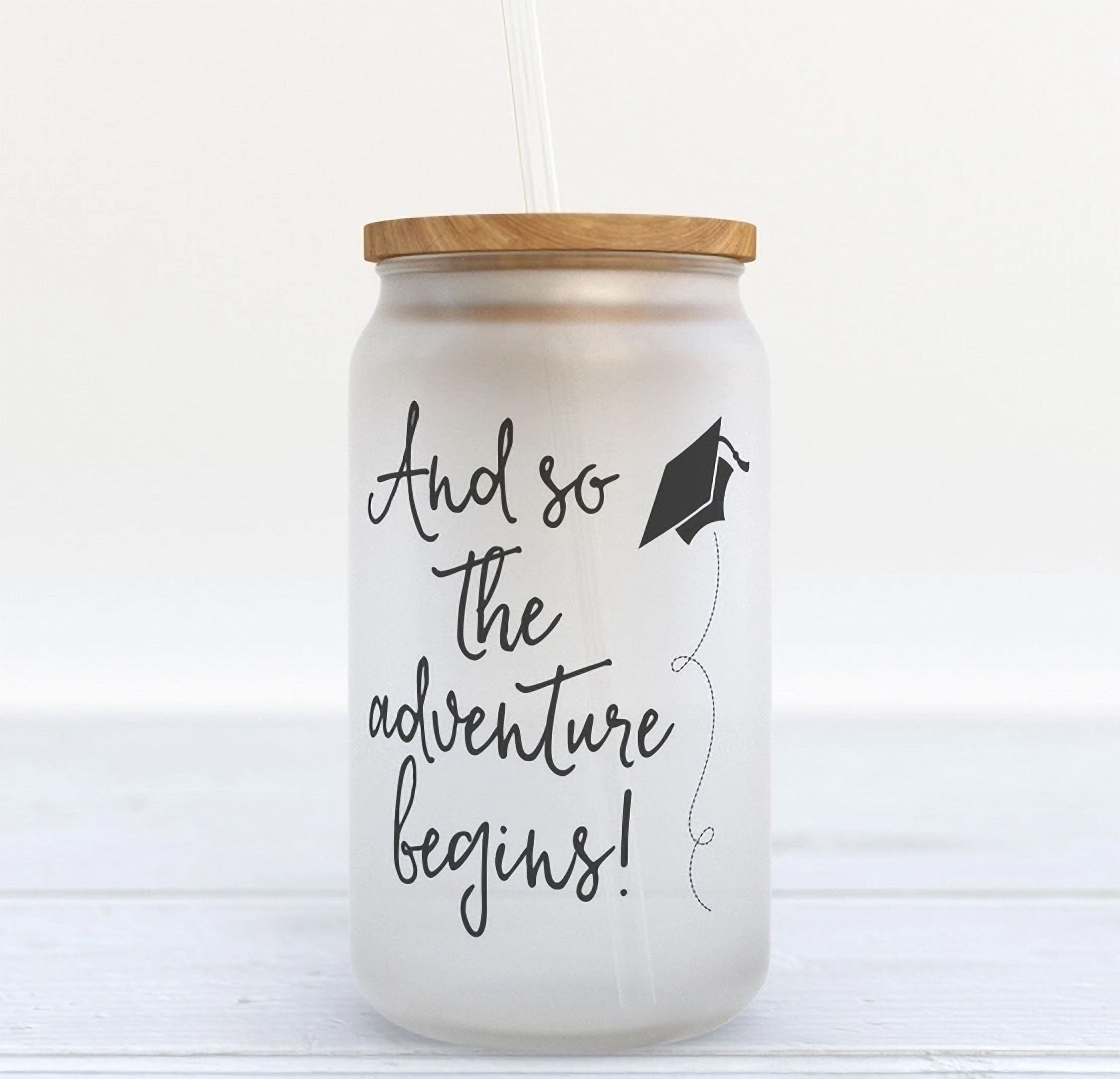 16oz Adventure Begins Graduation Frosted Glass Can Tumbler