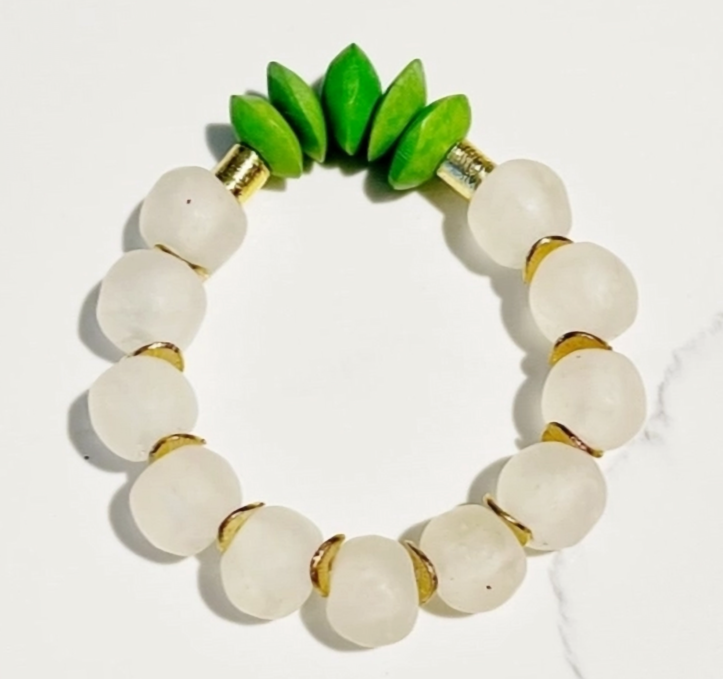 Green African Bone Recycled Glass Bead Stretch Bracelet