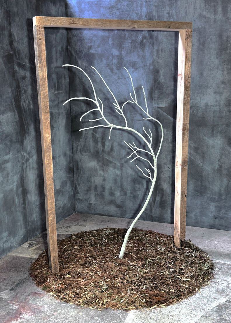 - Dried tree branch, reinforced with carbon fiber + polymer, coated with a glow in a dark layer.
- Sturdy wooden frame with rough finish on the outside and finely sanded on the inside.
- Ground cover made or organic materials (dry leaves and grass, wood chips, pine needles