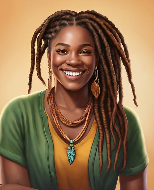 create a photorealistic picture of an african american women with dreadlocs smiling and he