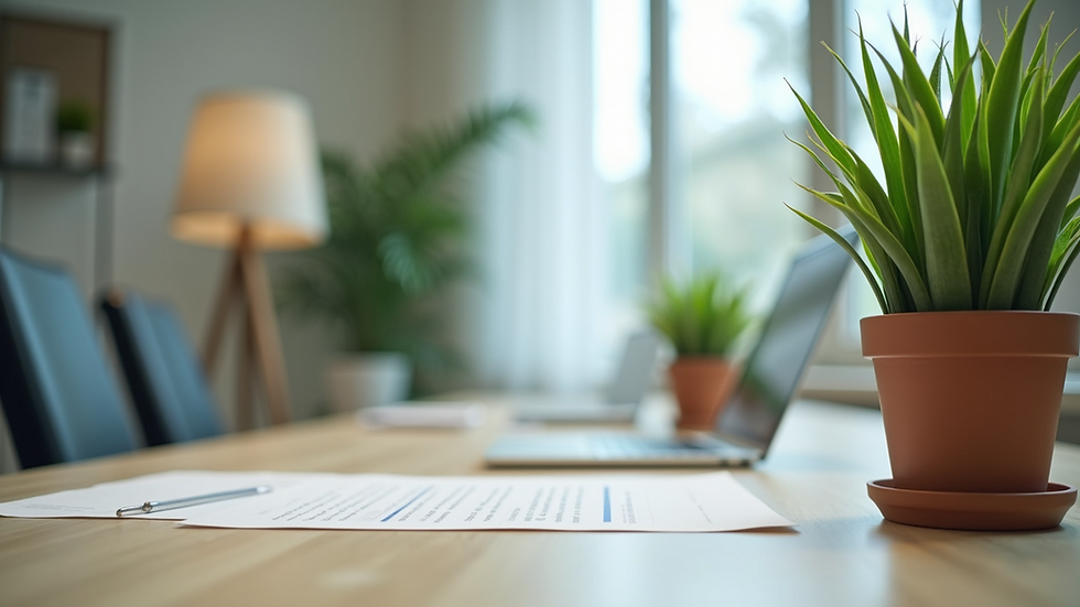 Eye-level view of a clean office desk with green plants