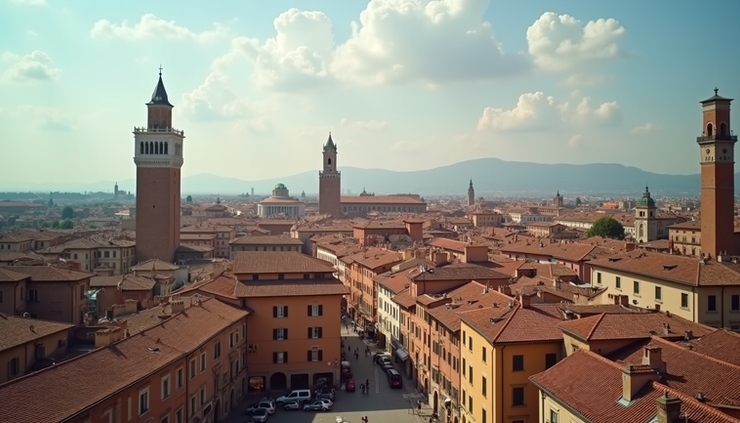 Vista a la altura de los ojos del centro histórico de Bolonia, con sus tejados rojos y torres medievales.