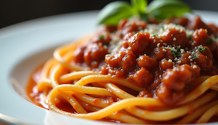Primer plano de un plato de pasta boloñesa tradicional con una rica salsa de carne.
