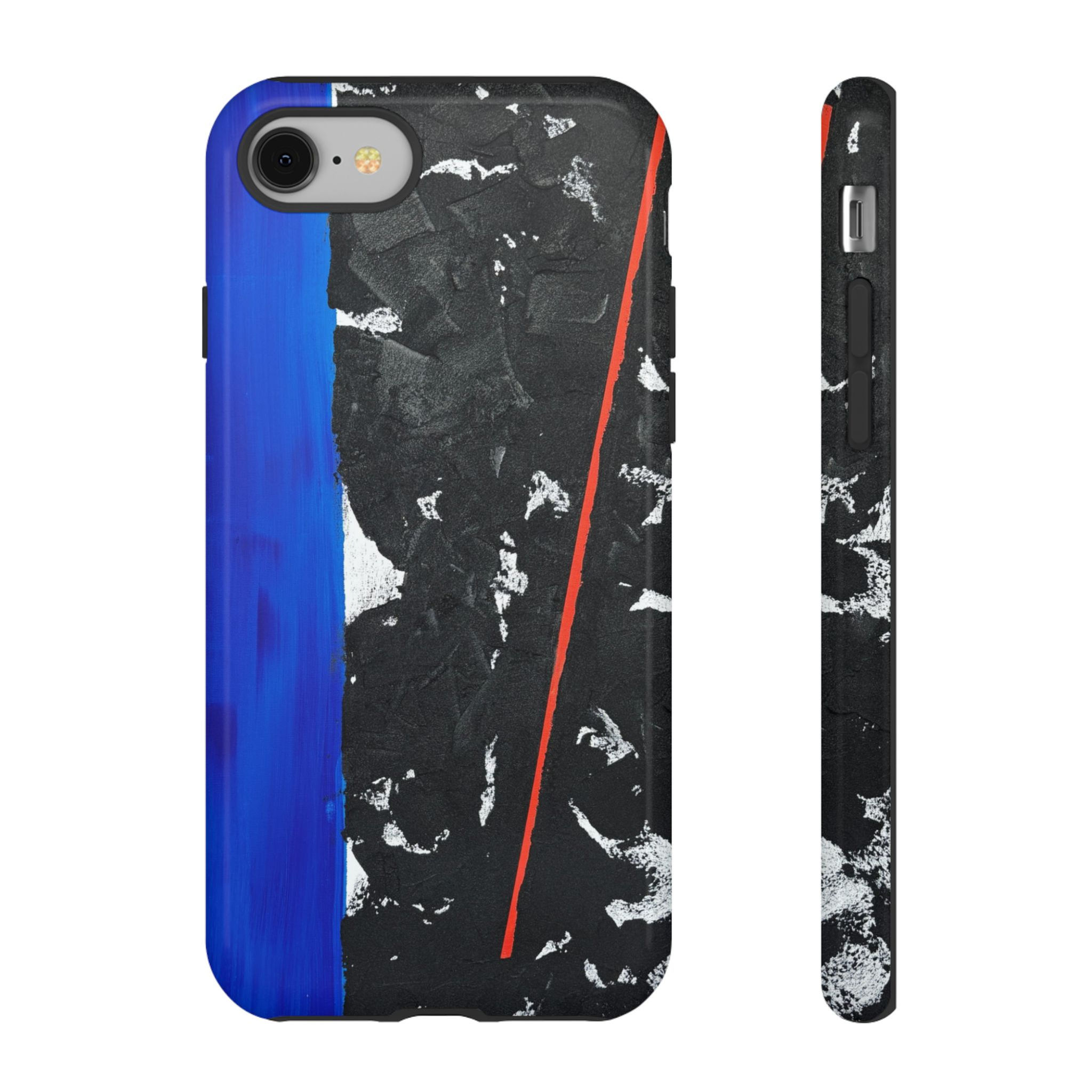 Abstract black, blue, and orange patterned phone case.