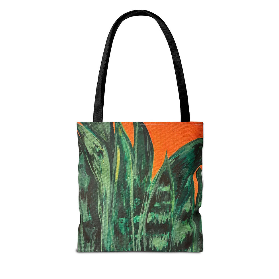 Tote Bag (AOP) with green leaf pattern and orange background