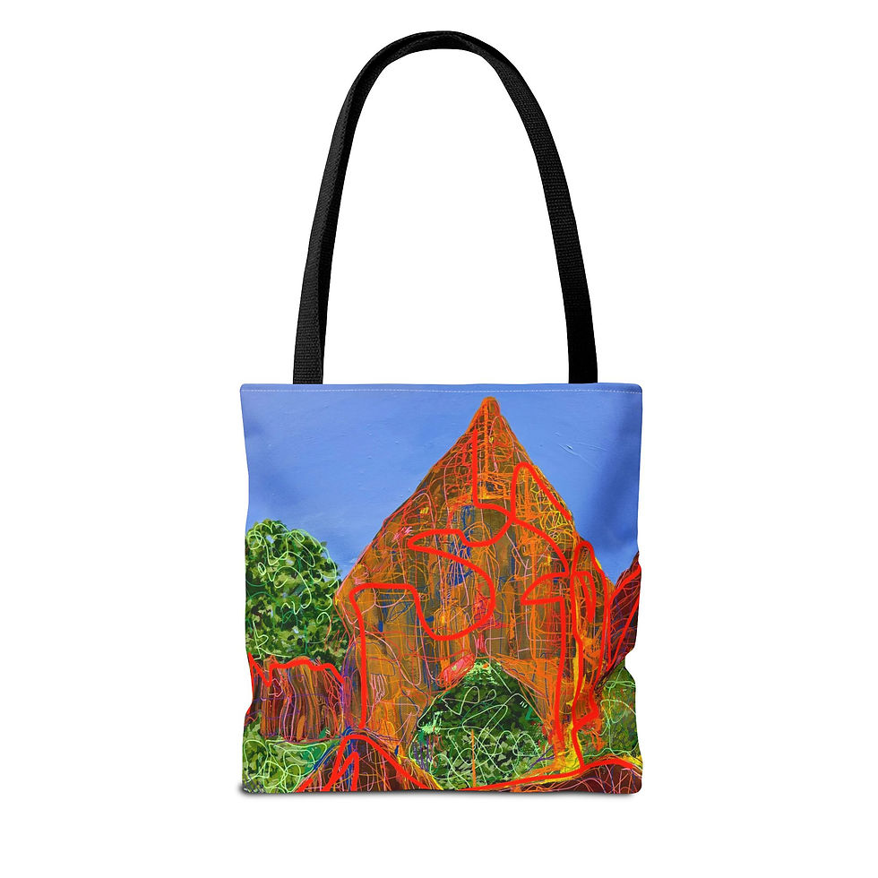 Tote bag with landscape painting of a pointed mountain.