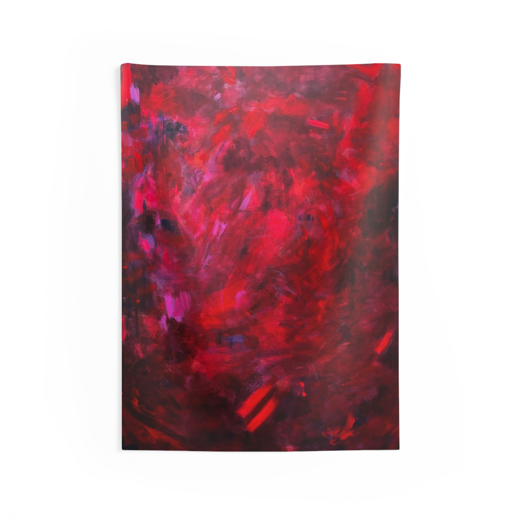 Tote bag fabric with red and purple abstract art pattern