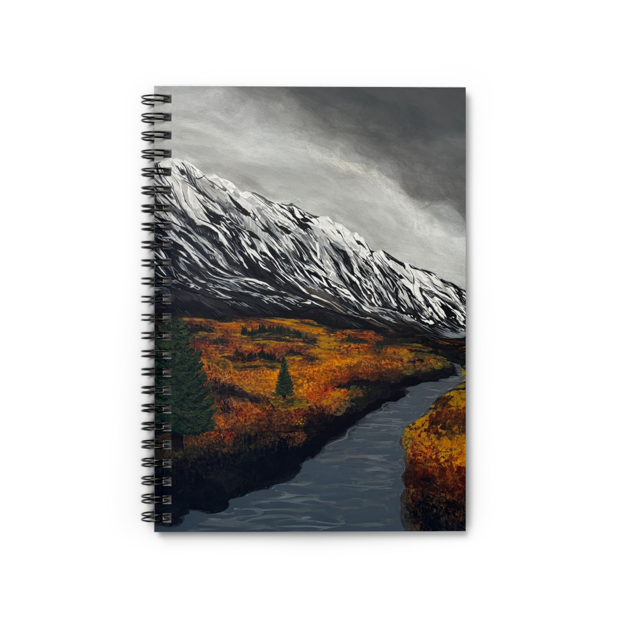 Spiral notebook with a painted mountain and river landscape