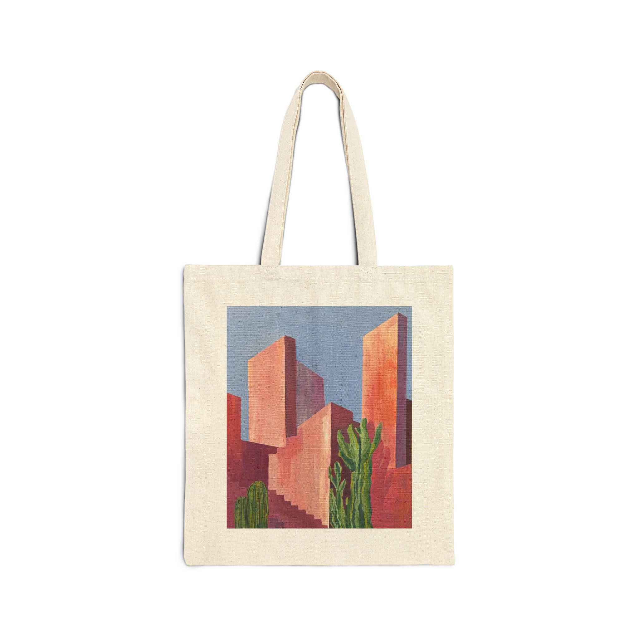Canvas tote bag with a desert architecture art print