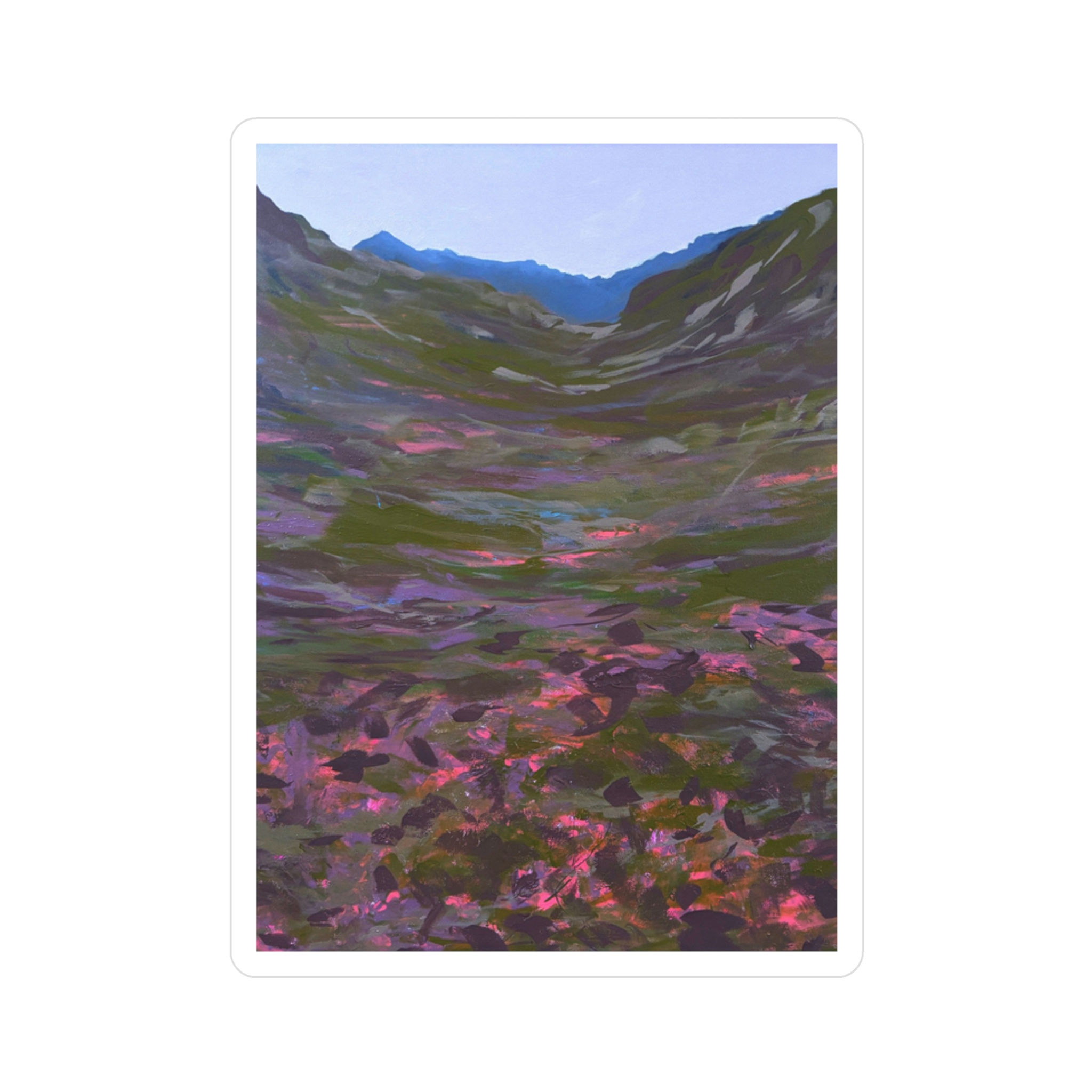 Scenic mountain landscape art for a washable rug design.