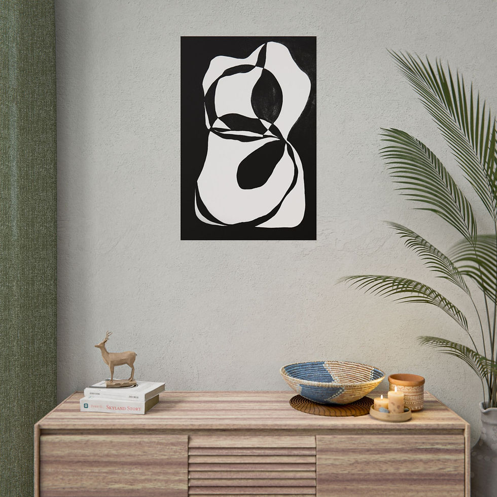 Abstract kiss-cut vinyl decal on wall above a dresser.