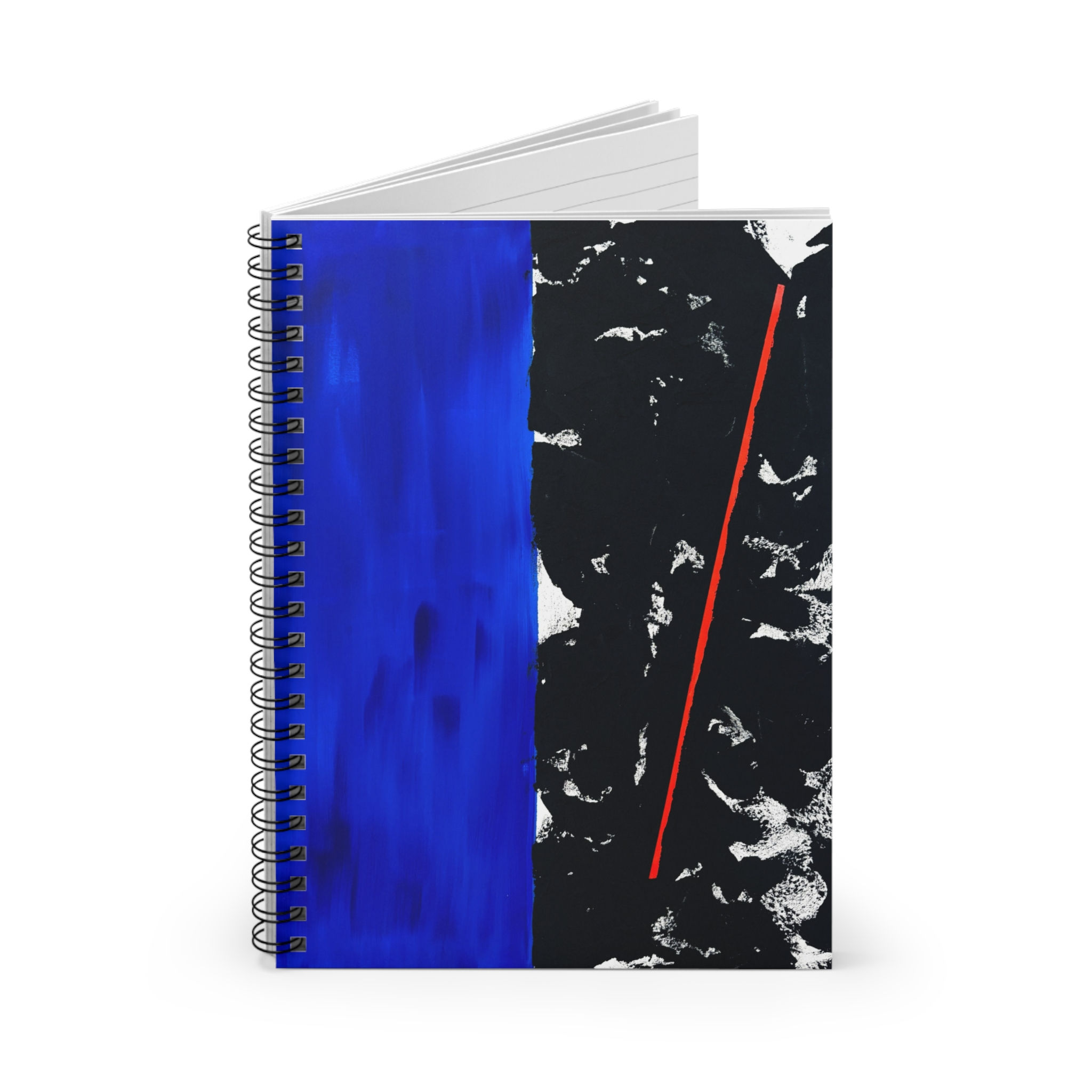 Spiral notebook with abstract blue, black, and red design