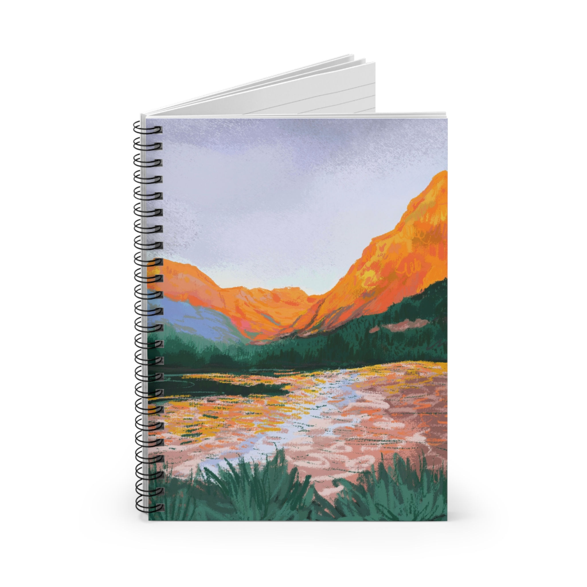 Spiral notebook with an orange mountain lake painting