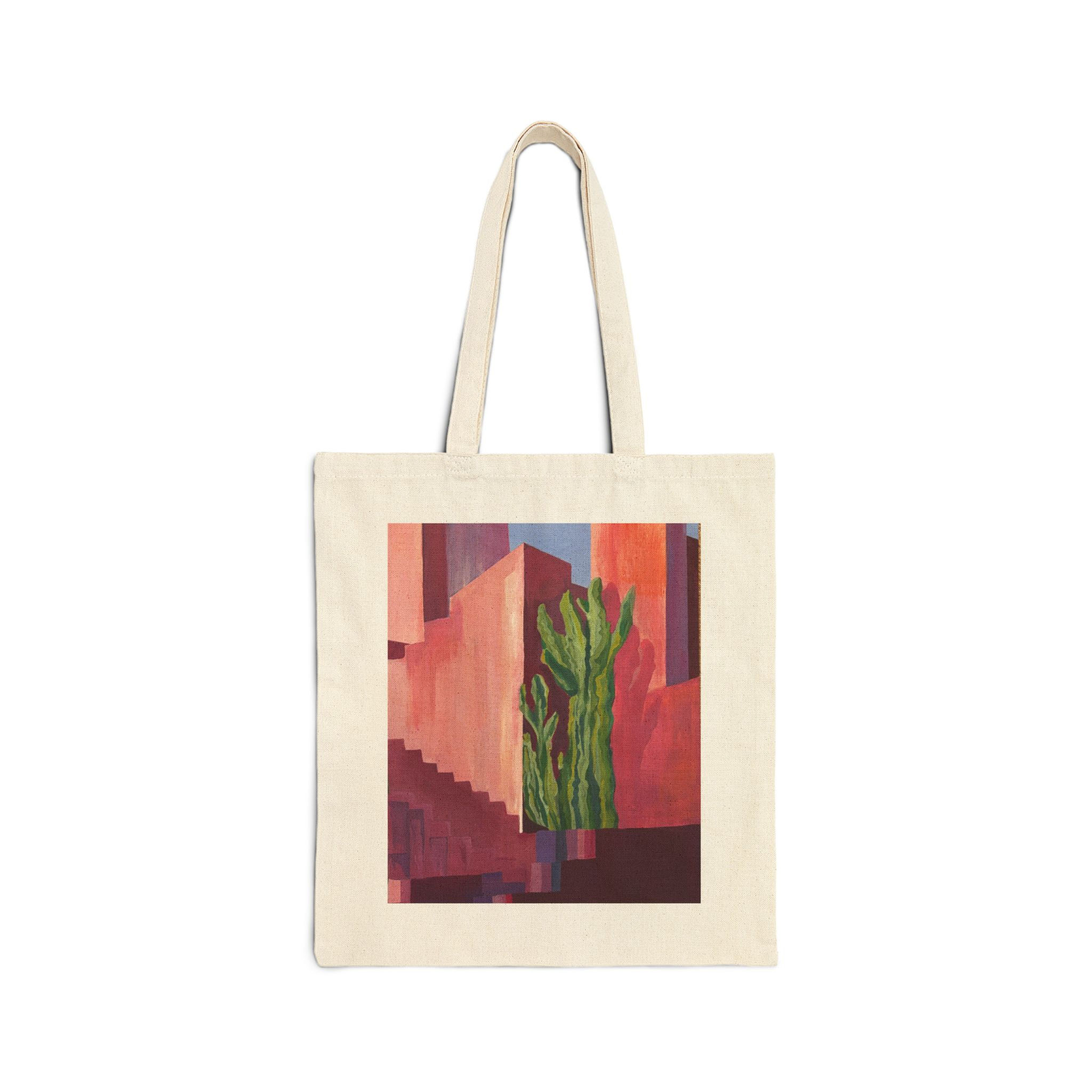 Canvas tote bag with a desert architectural painting