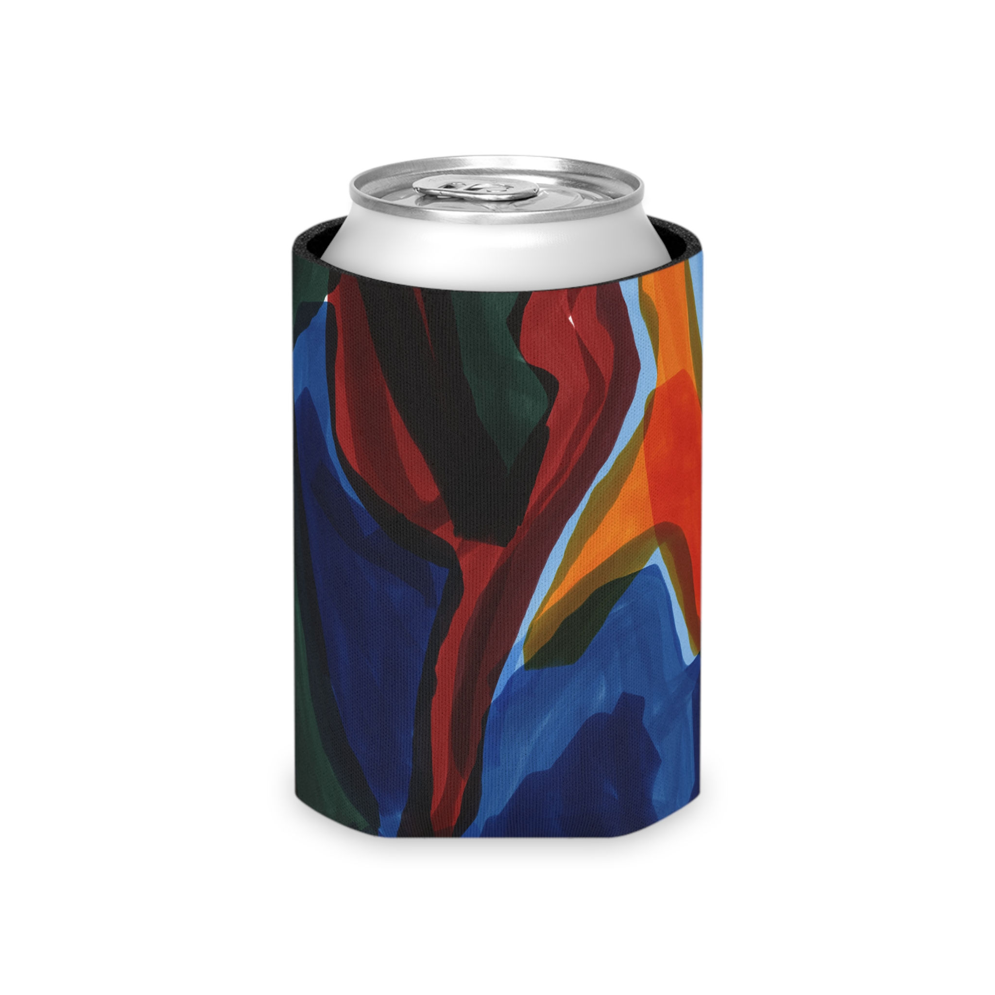 Colorful abstract art can cooler holding a silver beverage can