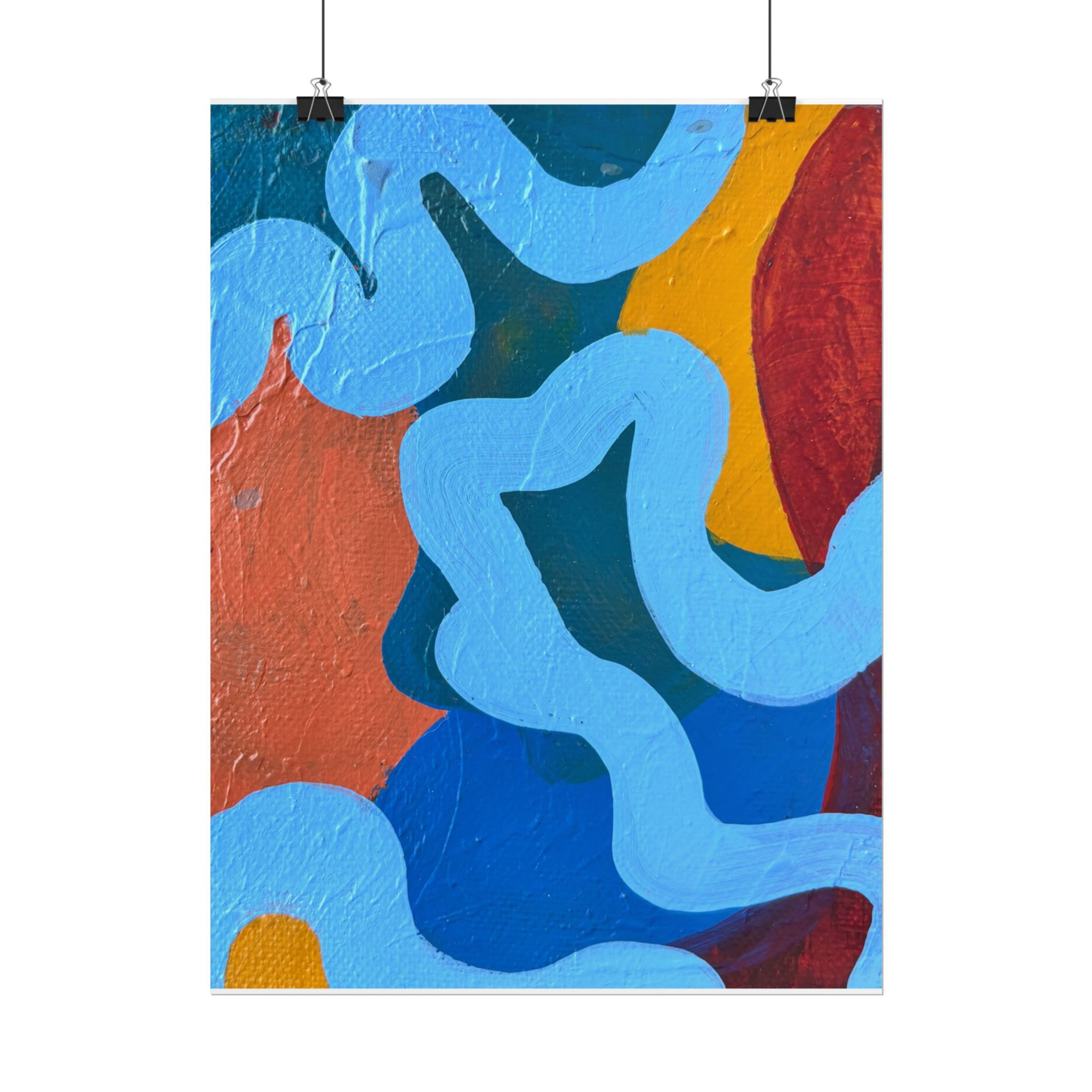 Abstract painting with blue wavy lines and colorful shapes