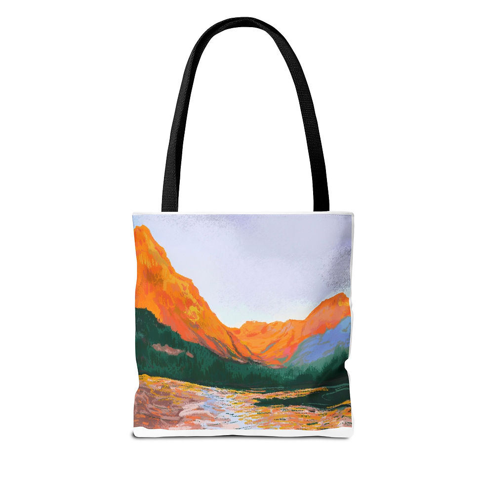 All-over print tote bag with orange mountain painting