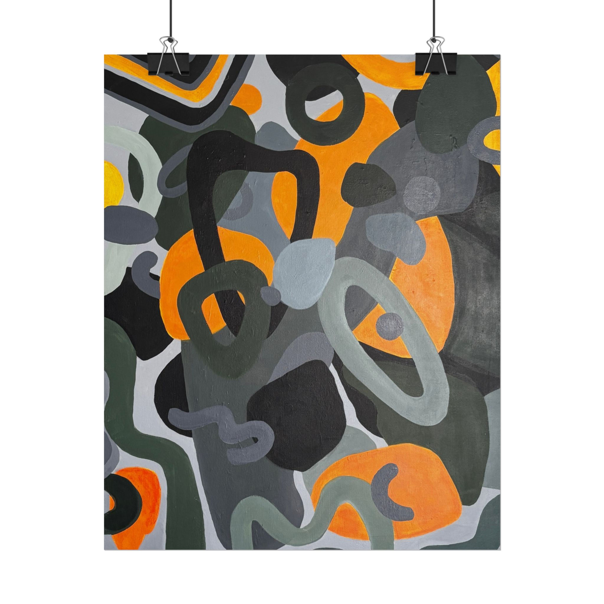 Abstract pattern print with orange, grey, and black shapes.