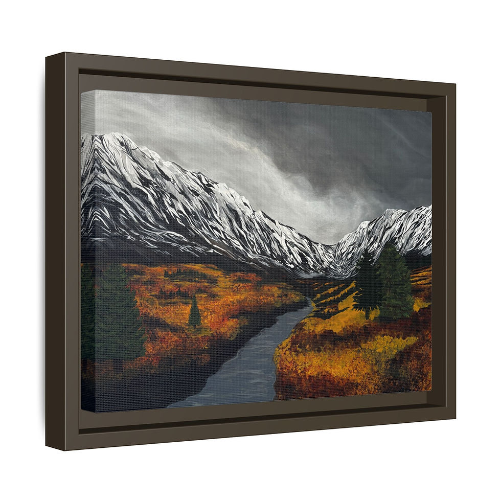 Mountain landscape painting in a brown frame.