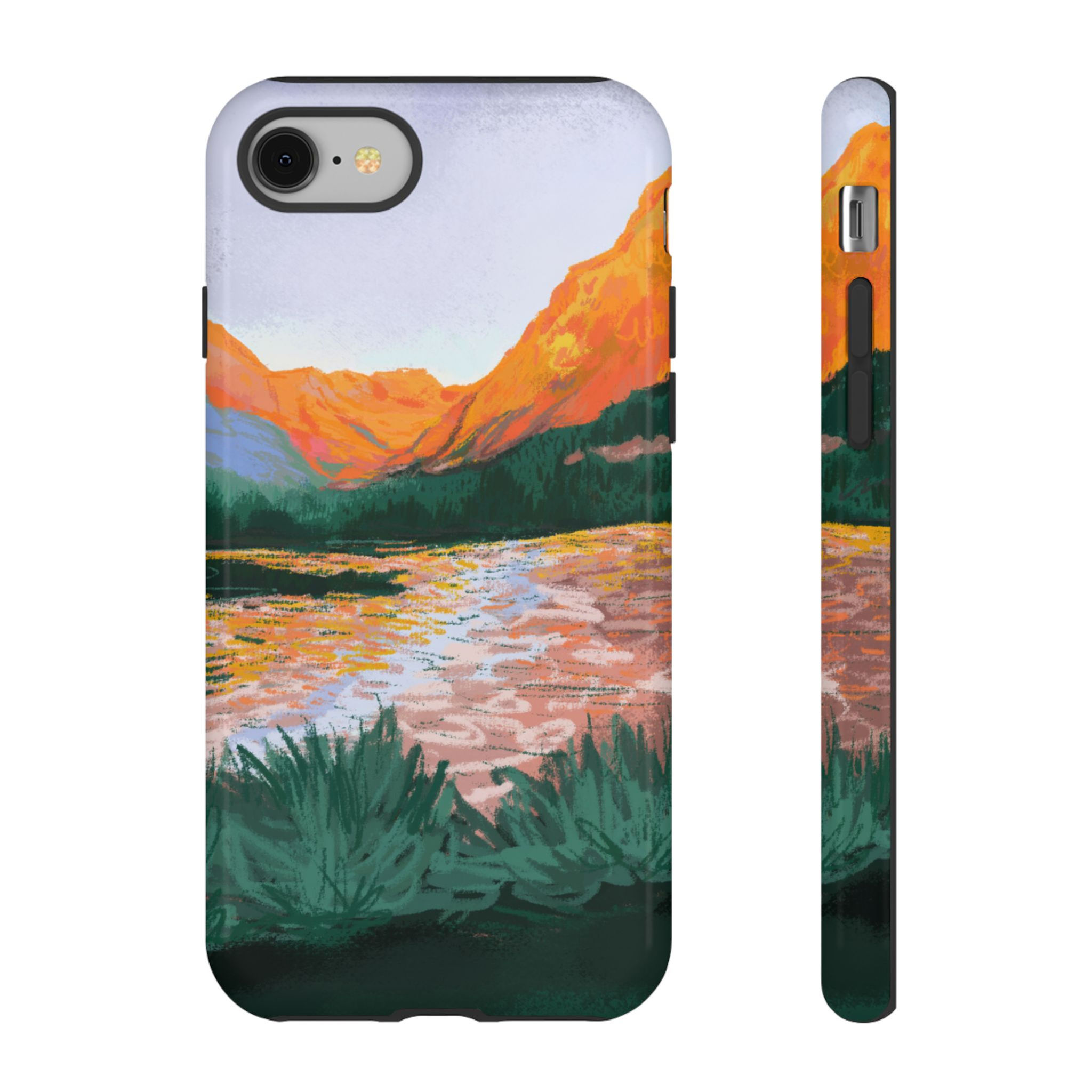 Phone case with mountain landscape and lake art