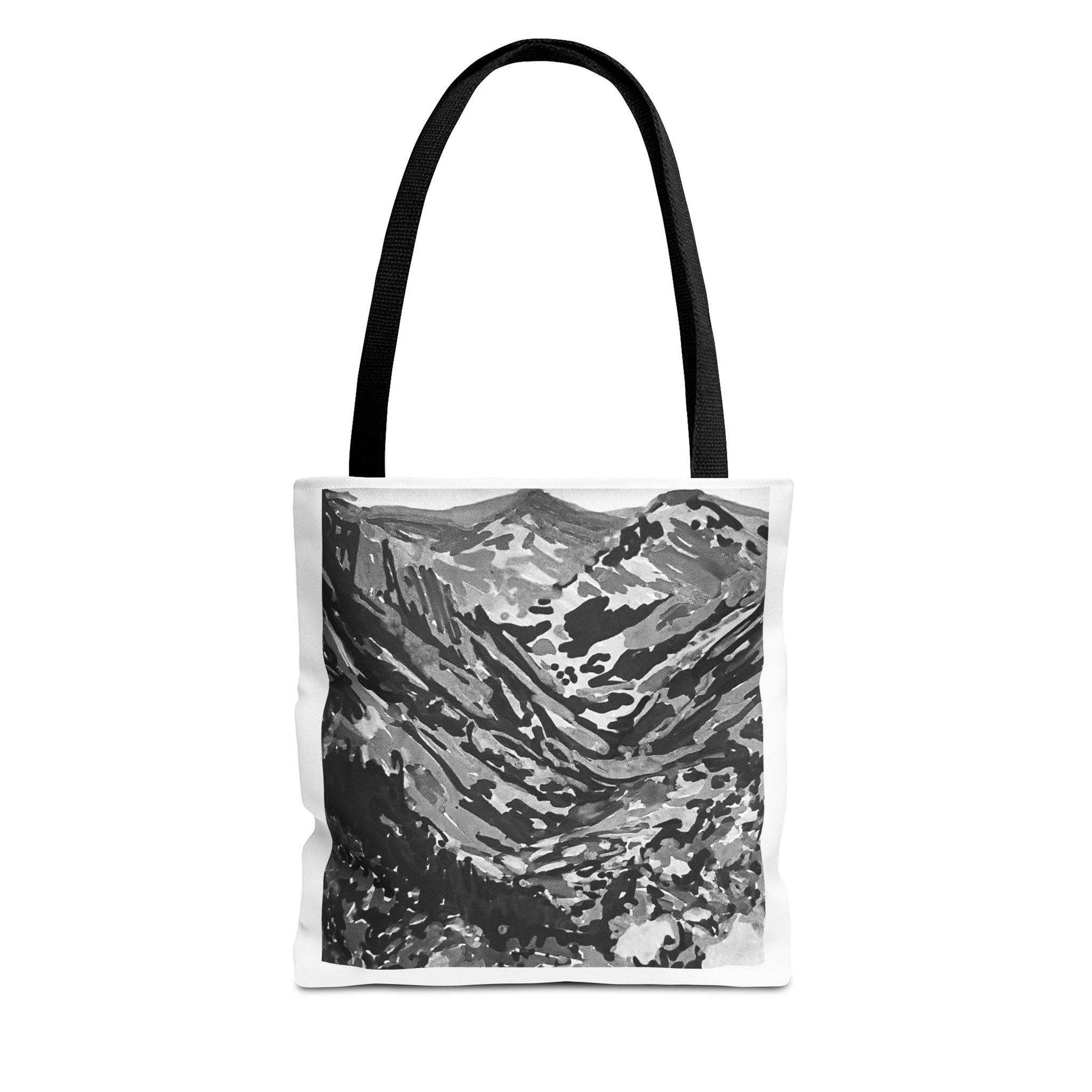 Tote bag with black and white mountain range design