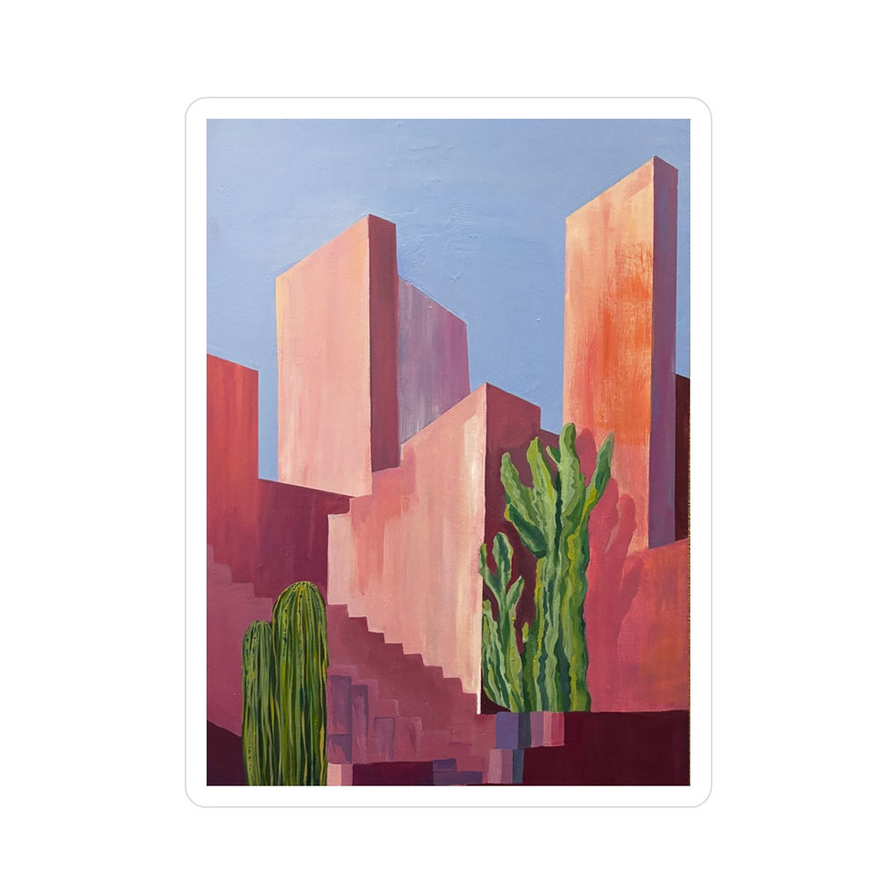 Painting of pink adobe buildings and green cacti.