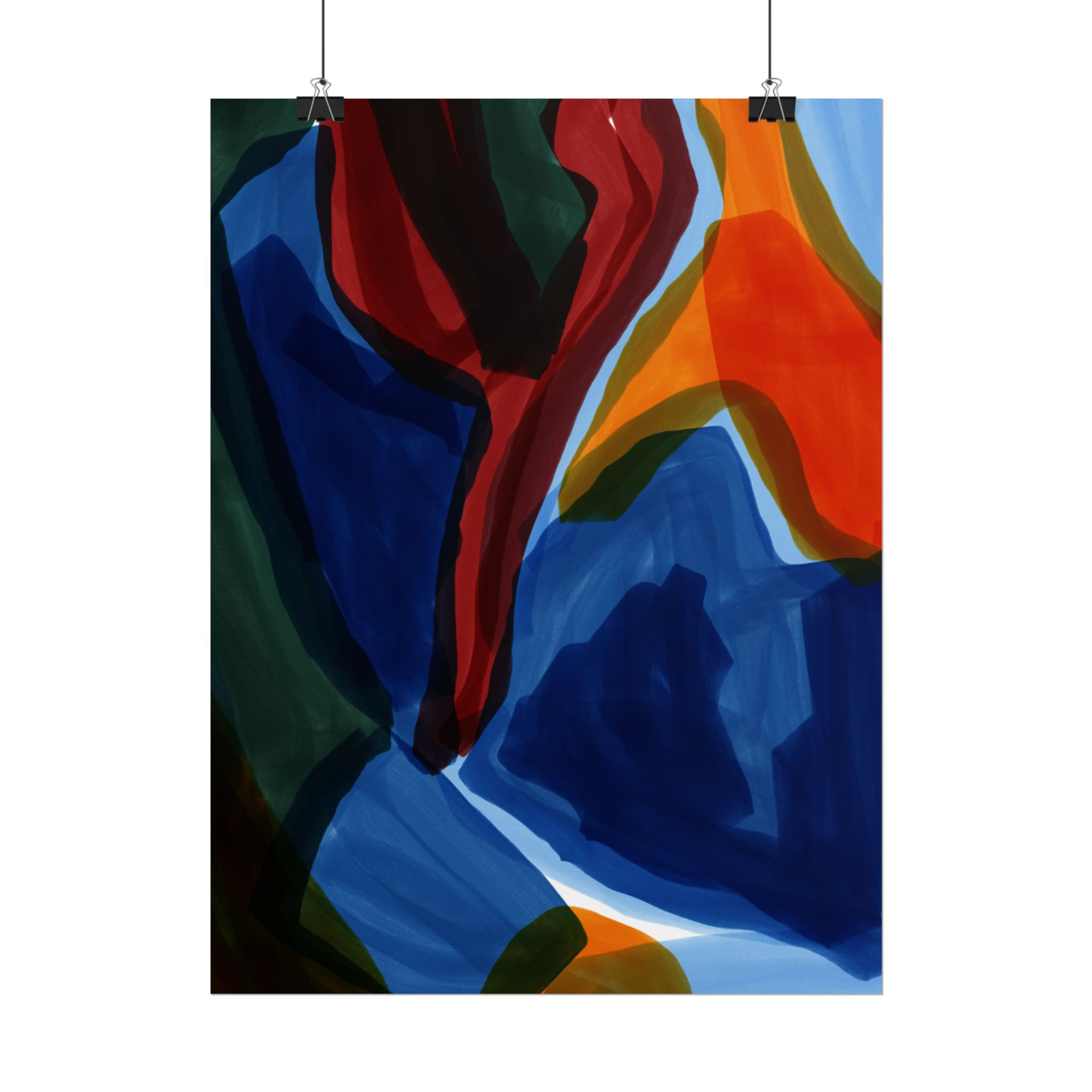 Abstract art poster with bold blue, red, and orange shapes