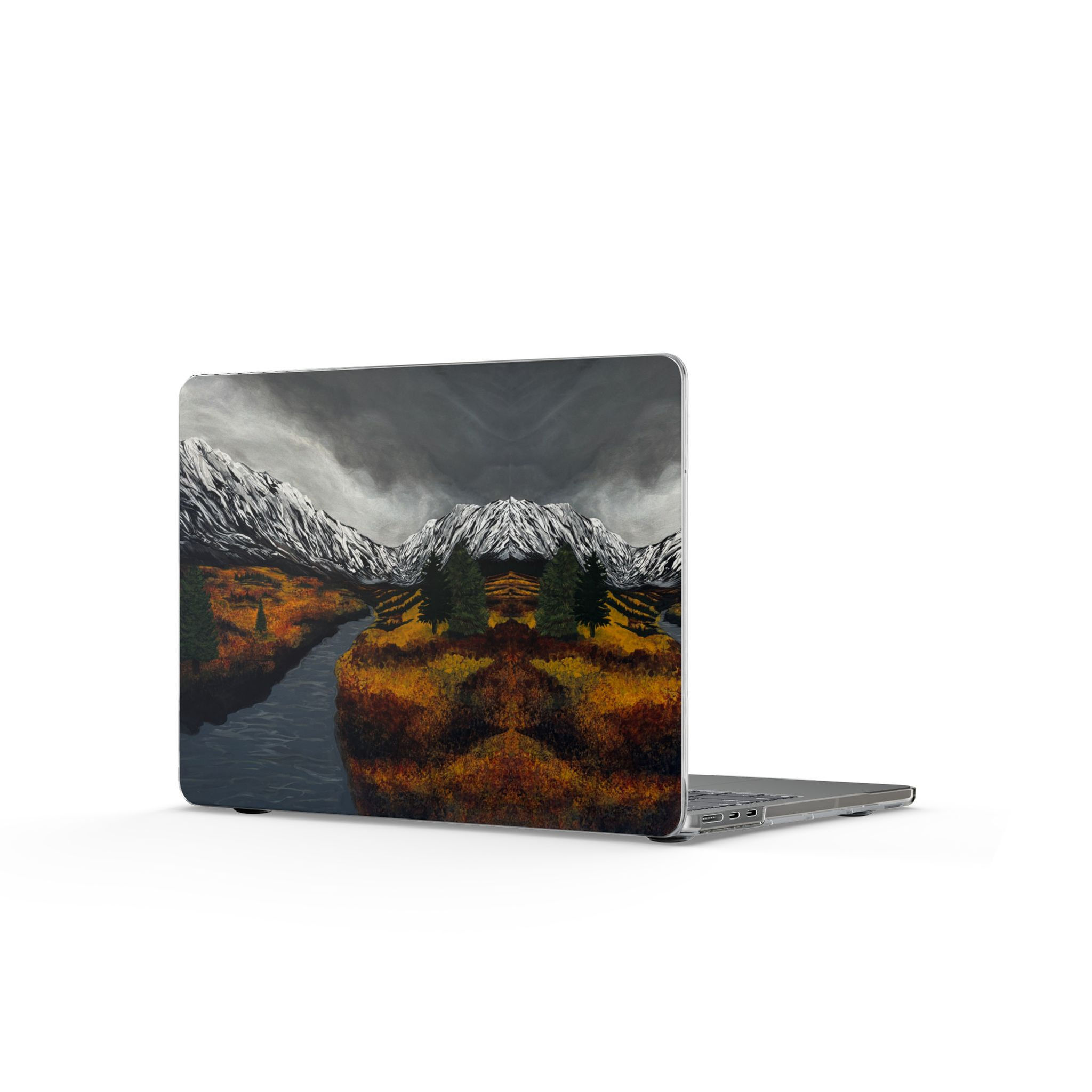 Mountain landscape kiss-cut vinyl decal on a laptop lid.