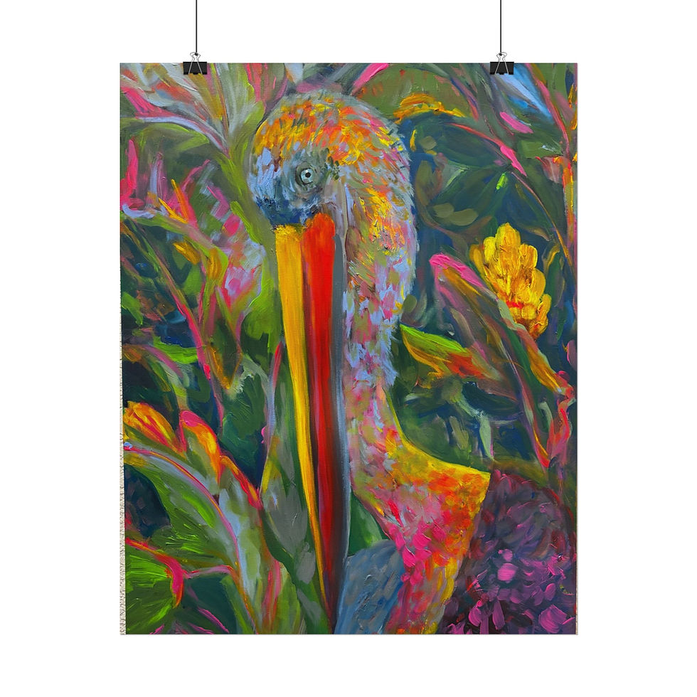 Colorful kiss-cut vinyl decal of a bird in tropical foliage