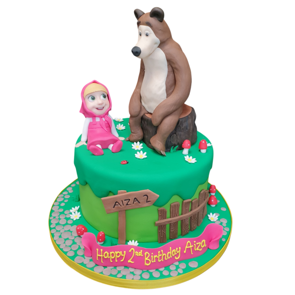 Bespoke Masha and The Bear themed cake with colorful fondant characters in Solihull, West Midlands.