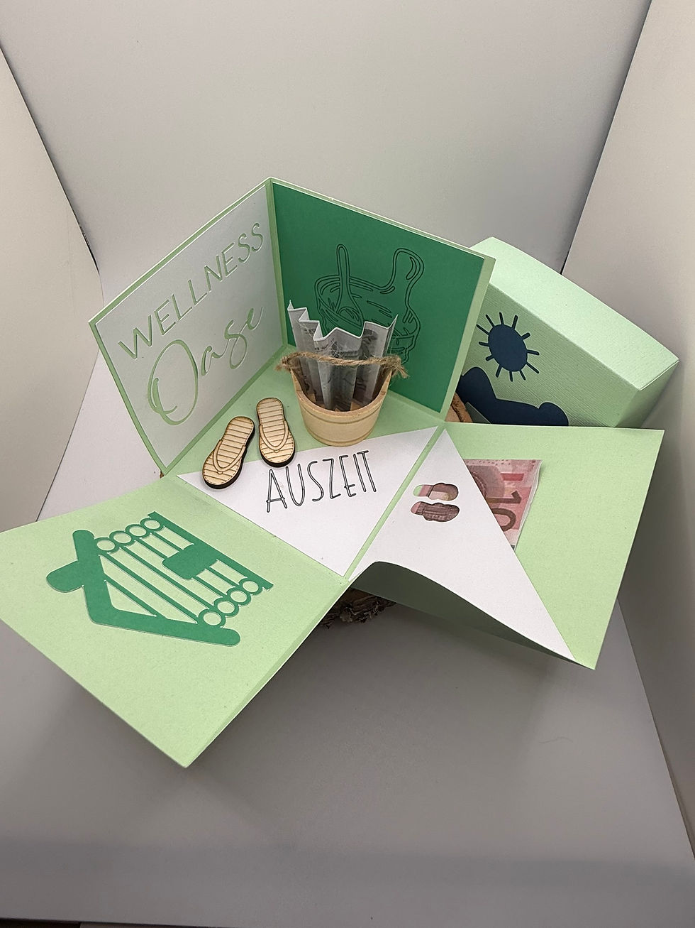 Miniaturbild: Explosionsbox Geldgeschenk „Wellness Oase“ – Auszeit-Geschenkbox (handgemacht)