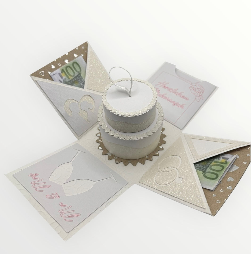 Hochzeits-Explosionsbox "Hochzeitstorte" – elegantes Geldgeschenk in Weiß