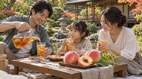 A Japanese family enjoying peach iced tea at a garden picnic, with fresh peaches on the table.