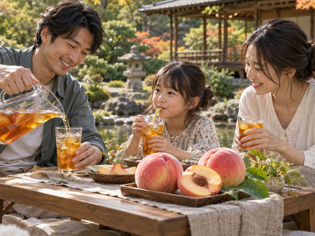 A Japanese family enjoying peach iced tea at a garden picnic, with fresh peaches on the table.