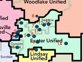 Map showing school districts: Woodlake, Sequoia Union, Exeter, Lindsay.