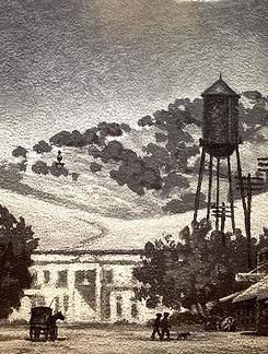 Black and white print of a mural depicting the Exeter water tower, a large white building, and people walking on a dirt street.
