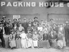 Group of men and women pose in front of a building with "Packing House Co." written above. They appear serious. Sign reads "California Citrus."
