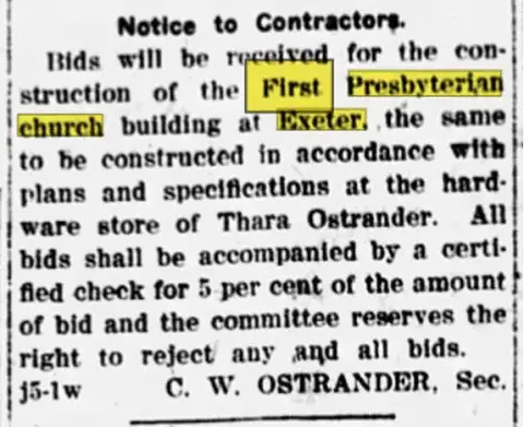 Notice to contractors about bidding for construction of the First Presbyterian Church building in Exeter, text highlighted in yellow.