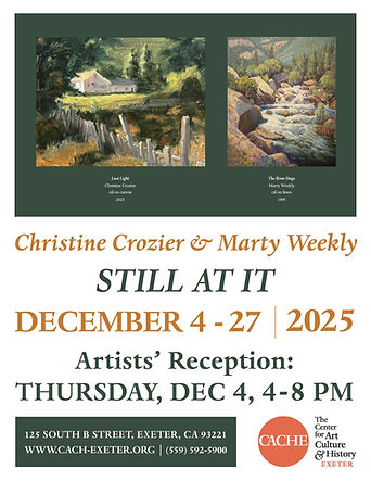 A flyer for the exhibit Still At It. It depicts landscapes paintings by Marty Weekly and Christine Crozier.
