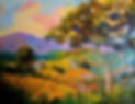 Colorful, textured painting of a tree and landscape.