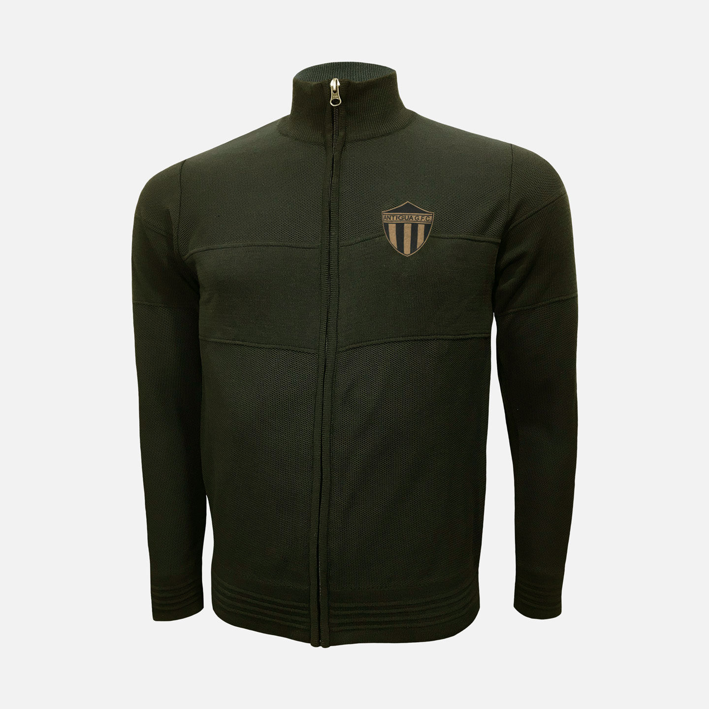 Green full-zip sweater with the insignia on chest, Antigua Suéter Verde Militar.