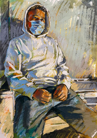 Painting of a young man wearing a hoodie and medical mask by Little Rock artist Jason McCann. 