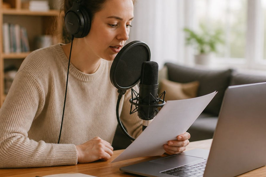 Iemand oefent thuis met een microfoon en laptop om te ontdekken of voice-over iets voor mij is.