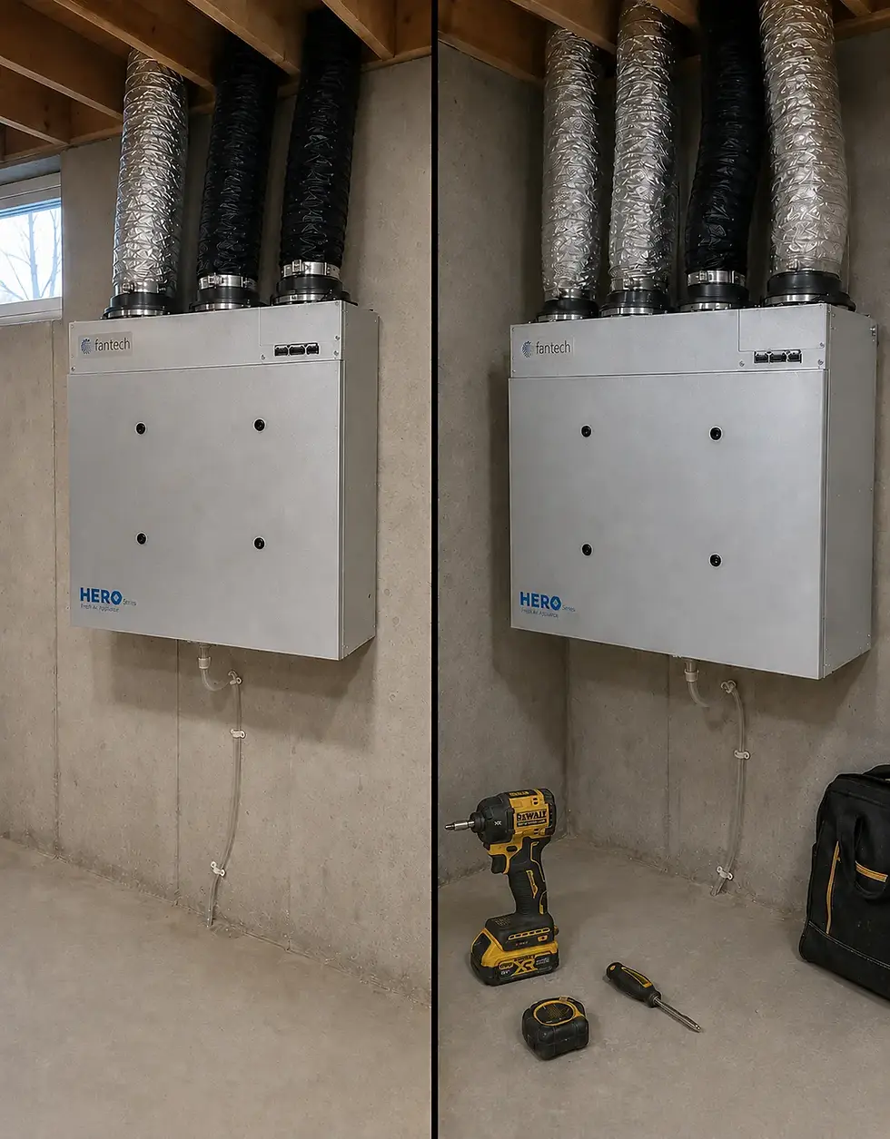 Fantech HERO heat recovery ventilator installed in a Halifax basement, shown before and after installation.