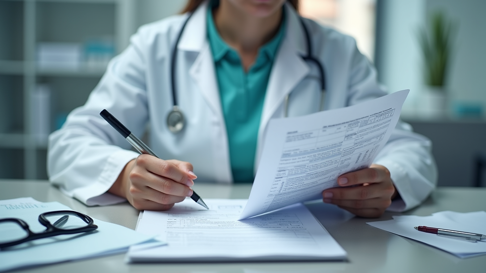 Close-up view of a healthcare professional reviewing lab results and patient notes