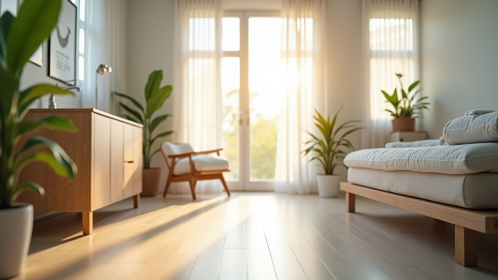 Eye-level view of a serene wellness clinic room with natural light
