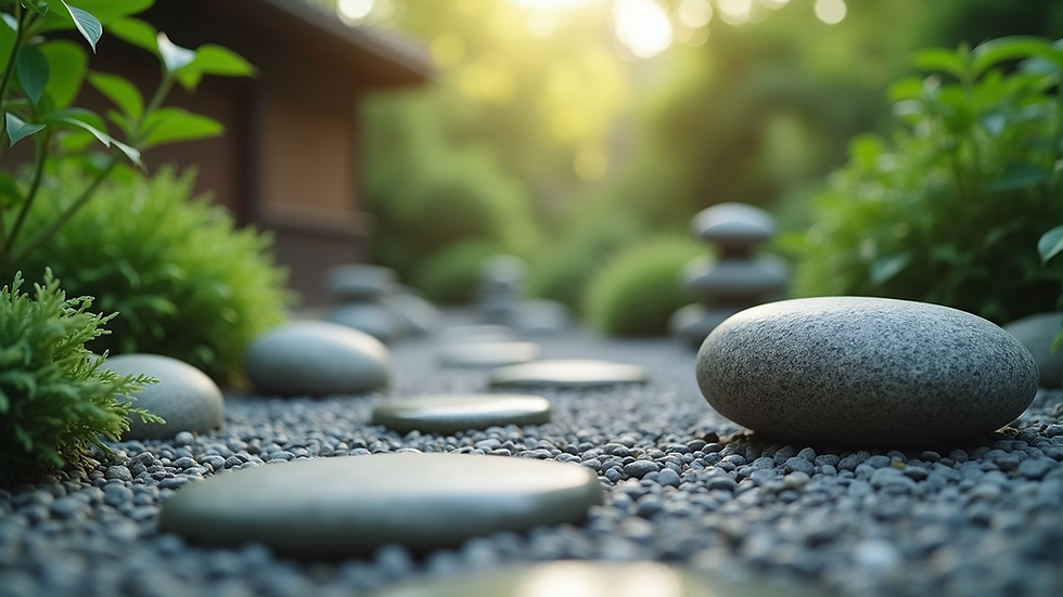 Eye-level view of a peaceful zen garden with stones and greenery